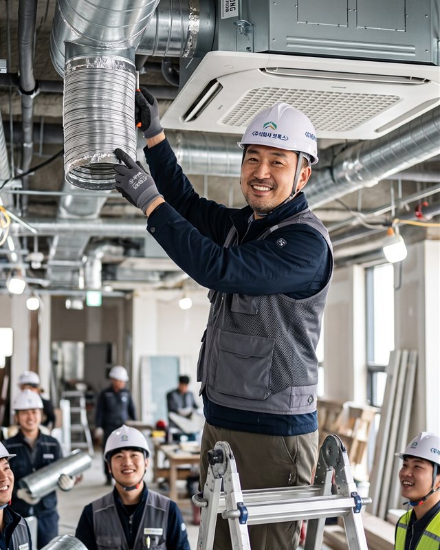 시공 현장에서 전열교환기 덕트 설치를 살피는 주식회사 브록스 대표